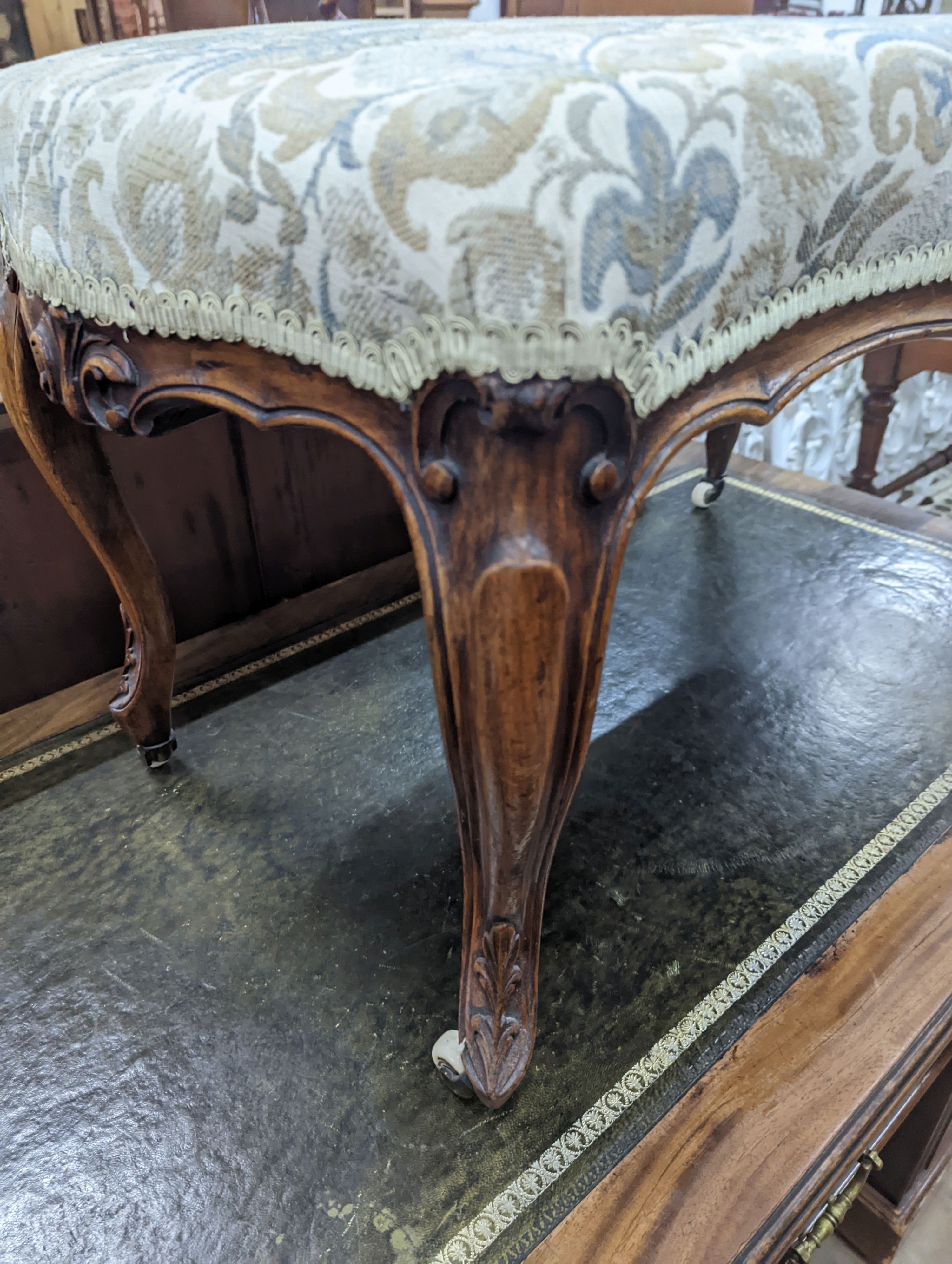 A Victorian rectangular walnut cabriole leg dressing stool, length 80cm, depth 45cm, height 46cm